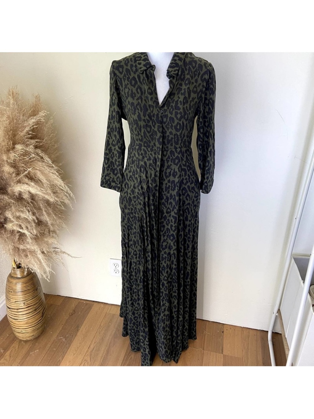 Zara Olive Green Leopard-Print Maxi Dress